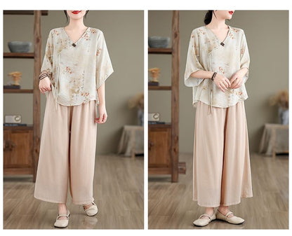 Set: Elbow-Sleeve V-Neck Floral Print Tie Front Wrap Top + High Waist Plain Wide Leg Pants