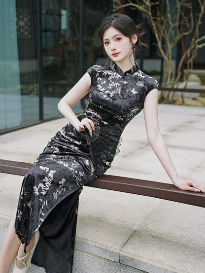 Cap Sleeve Leaf Butterfly Print Velvet Maxi A