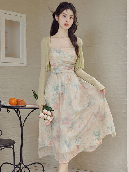 Set: Spaghetti Strap Floral Print Ruched Midi A