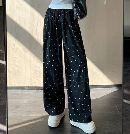 Bow Print High Rise Wide Leg Drape Sweatpants