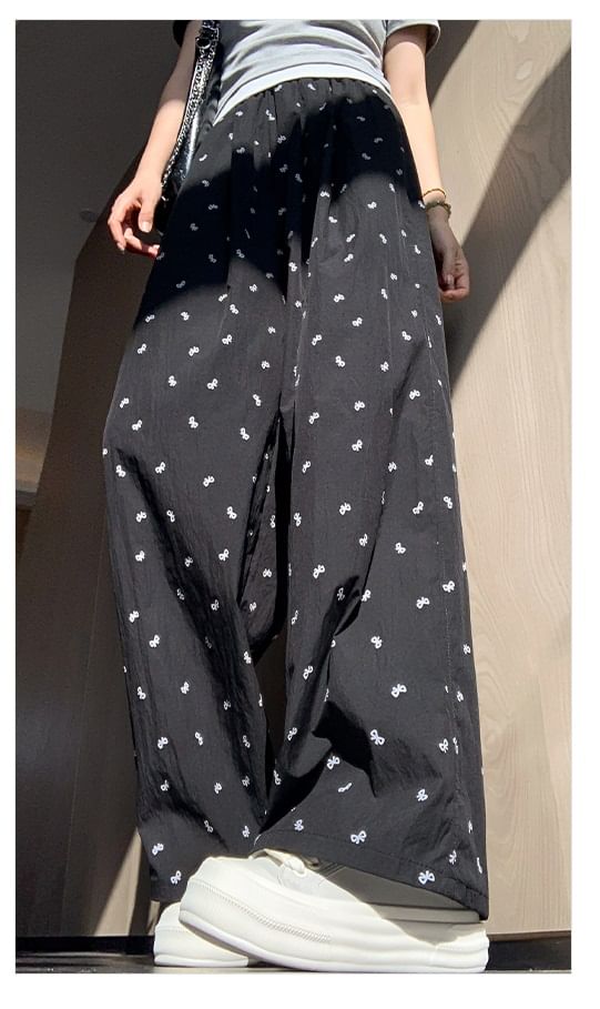 Bow Print High Rise Wide Leg Drape Sweatpants