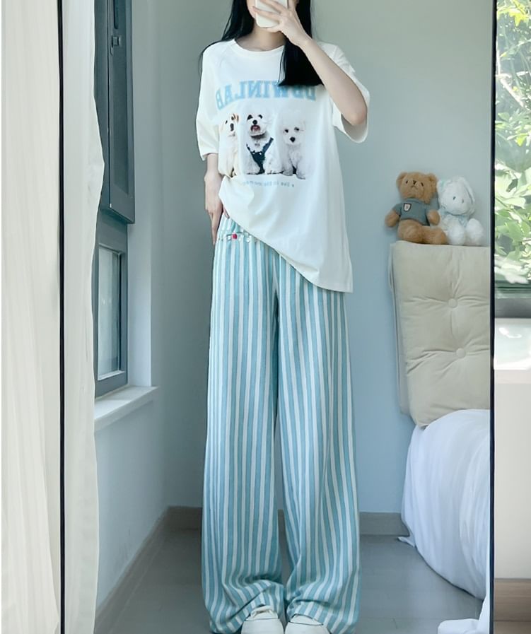 Button Applique High Rise Contrast Stripe Wide Leg Sweatpants