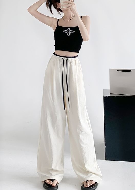 Contrast Panel Drawstring High Rise Wide Leg Sweatpants