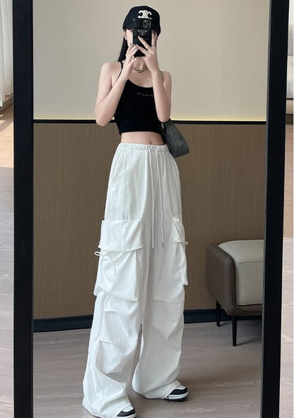 Bow Accent High Waist Plain Wide Leg Parachute Cargo Sweatpants