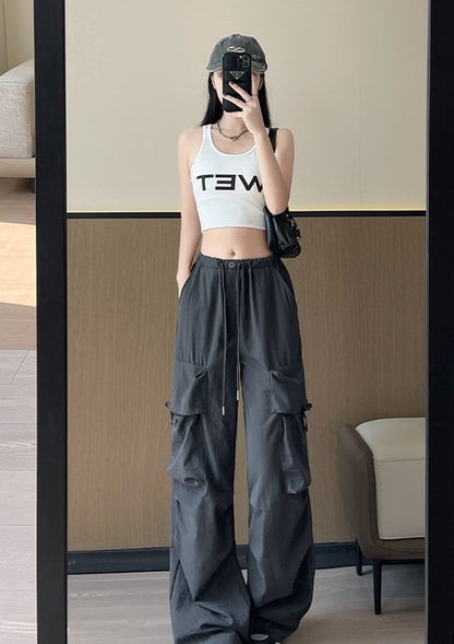 Bow Accent High Waist Plain Wide Leg Parachute Cargo Sweatpants