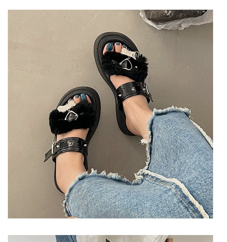 Heart Buckled Studded Platform Slide Sandals