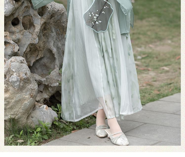 Traditional Chinese Spaghetti Strap Print Faux Pearl Midi A-Line Dress / Light Jacket / Flower Brooch