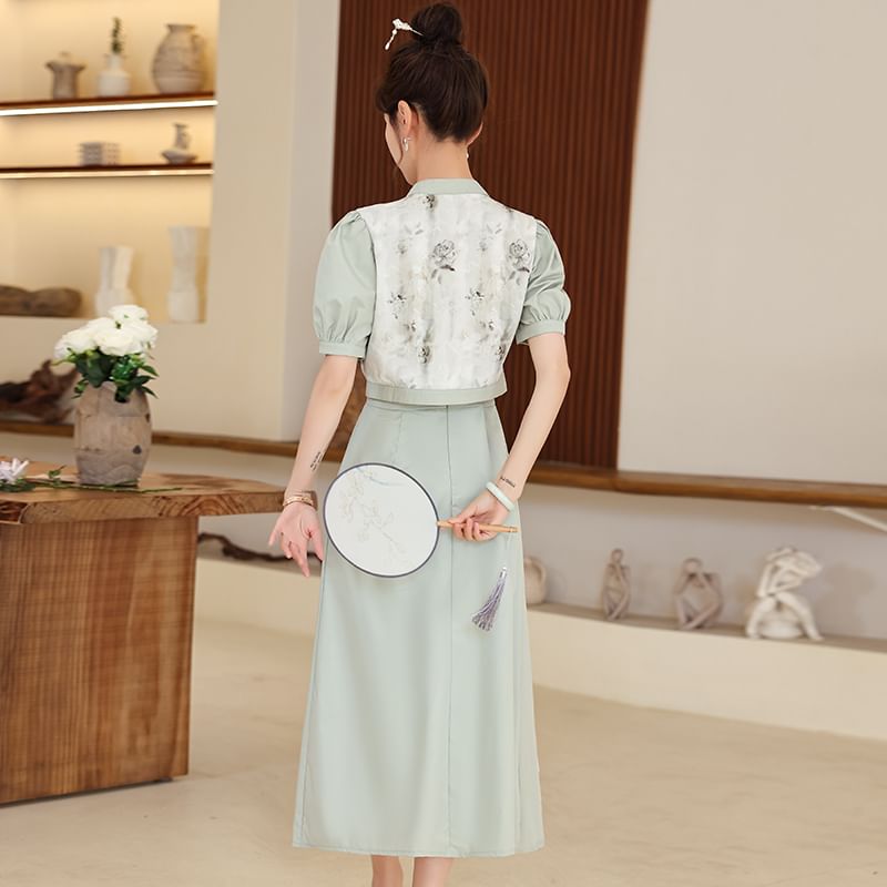 Set: Short-Sleeve Mandarin Collar Floral Panel Frog Button Cropped Blouse + High Waist Midi A-Line Skirt