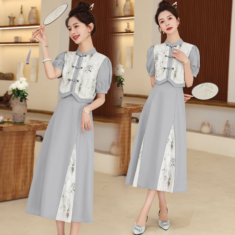 Set: Short-Sleeve Mandarin Collar Floral Panel Frog Button Cropped Blouse + High Waist Midi A-Line Skirt