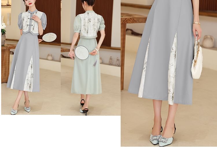 Set: Short-Sleeve Mandarin Collar Floral Panel Frog Button Cropped Blouse + High Waist Midi A-Line Skirt