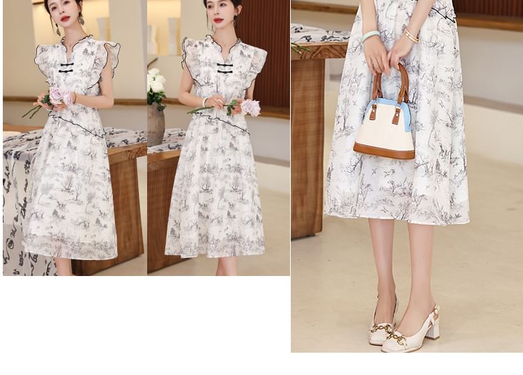 Cap-Sleeve Print Frog Button Midi A-Line Dress