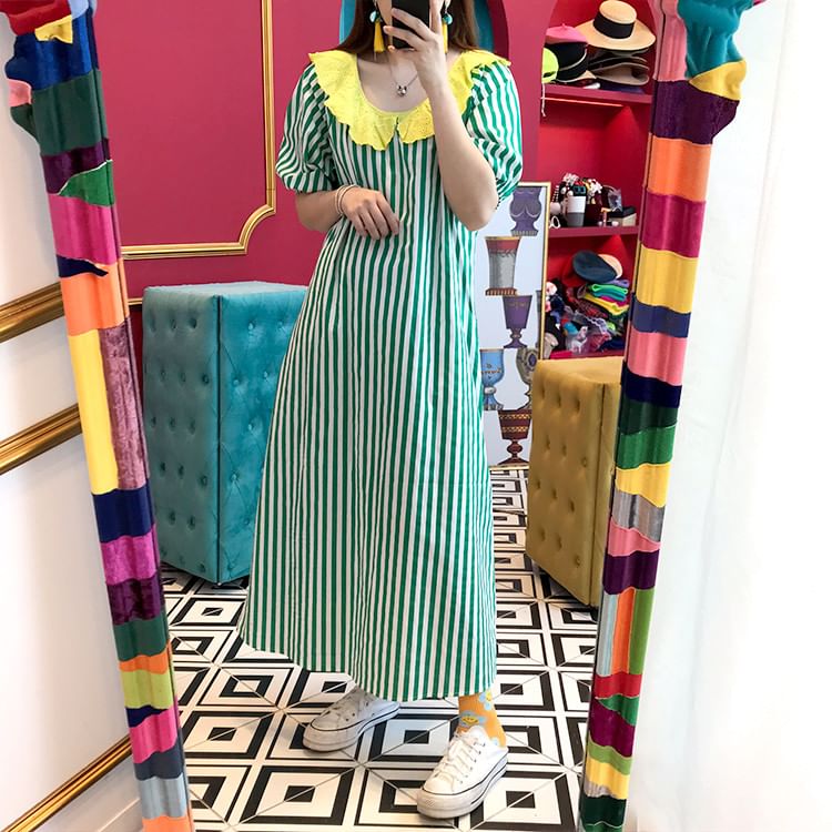 Short-Sleeve Ruffle Striped Maxi A-Line Dress