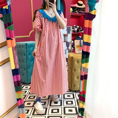 Short-Sleeve Ruffle Striped Maxi A-Line Dress