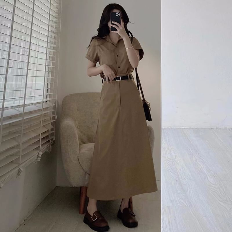 Short-Sleeve Plain Shirt / High Rise Maxi A-Line Skirt / Belt / Set