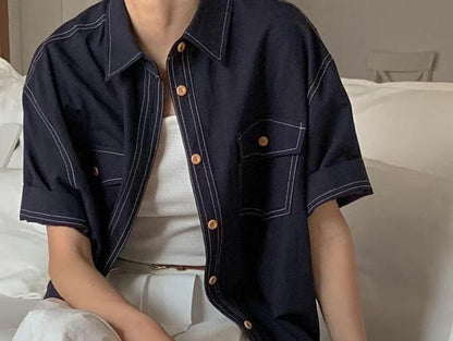 Short-Sleeve Contrast Stitching Pocketed Shirt