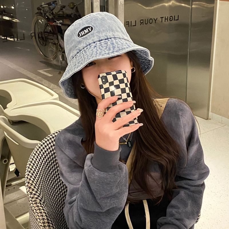 Bucket Embroidered Lettering Denim Hat Washed