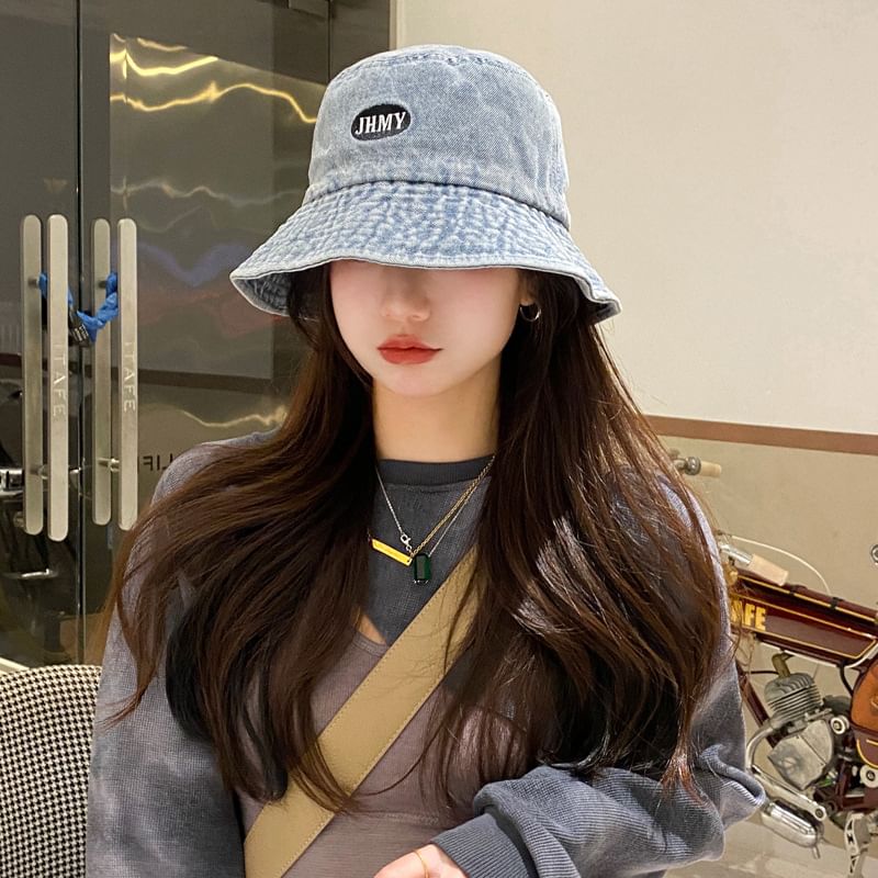 Bucket Embroidered Lettering Denim Hat Washed