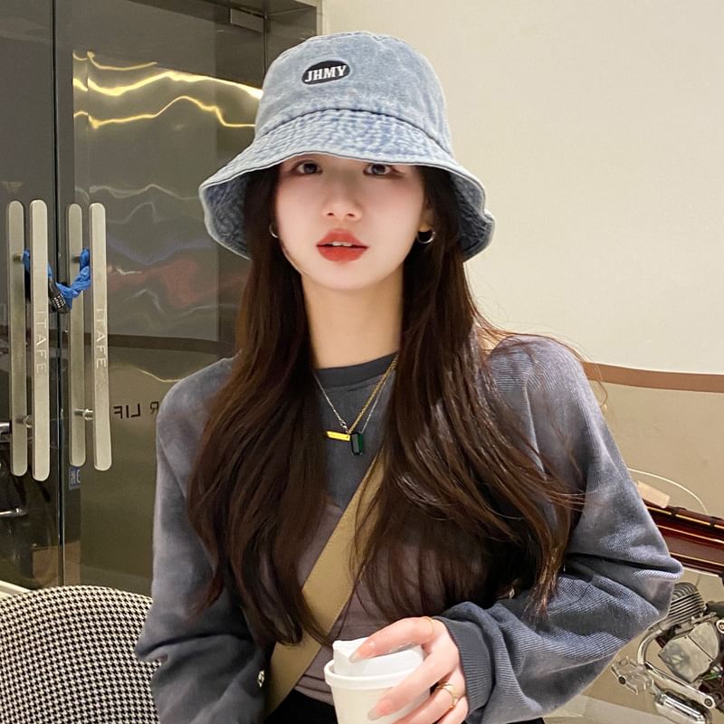 Bucket Embroidered Lettering Denim Hat Washed