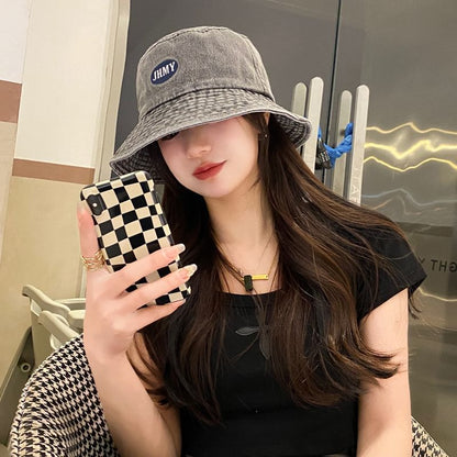 Bucket Embroidered Lettering Denim Hat Washed