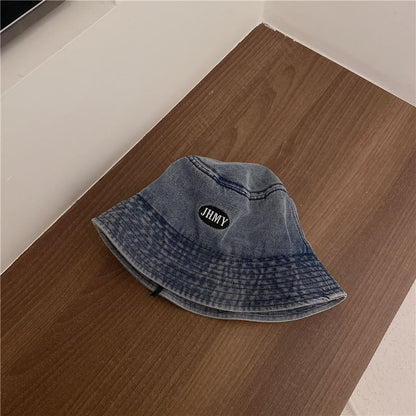 Bucket Embroidered Lettering Denim Hat Washed