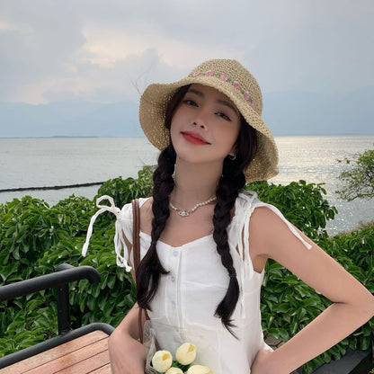 Embroidered Sun Straw Floral Hat