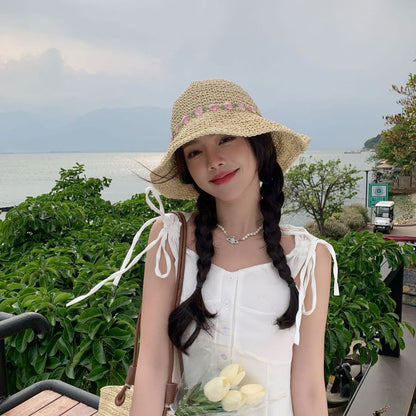 Embroidered Sun Straw Floral Hat