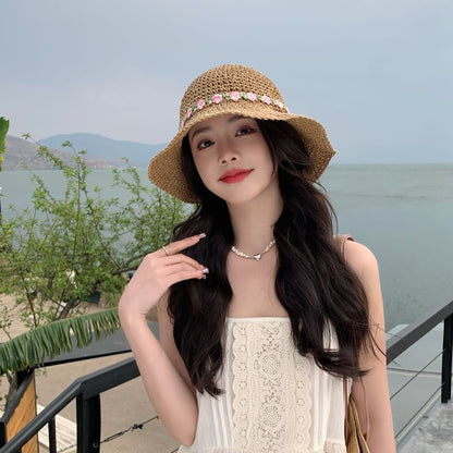 Embroidered Sun Straw Floral Hat