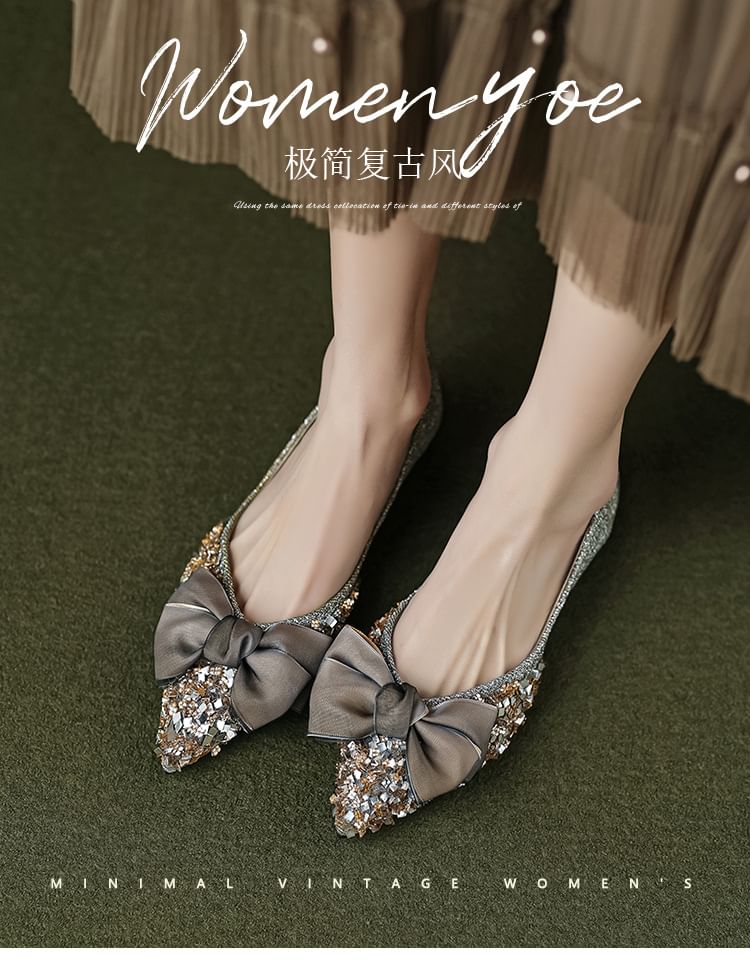 Pointed Sequin Bow Flats