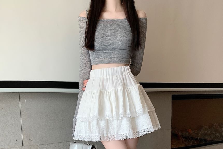 High Rise Plain Lace Trim Layered Mini A-Line Skirt