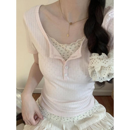 Short Sleeve Scoop Neck Mock Two-Piece Floral Print Panel Lace Trim Slim Fit T-Shirt