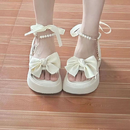 Platform Bow Faux Pearl Ankle Strap Sandals