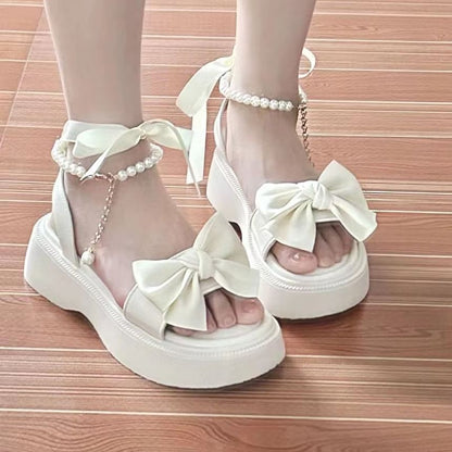 Platform Bow Faux Pearl Ankle Strap Sandals