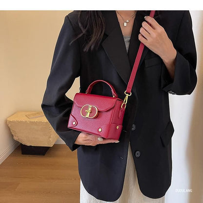 Bag Faux Flap Top Leather Crossbody Handle Plain