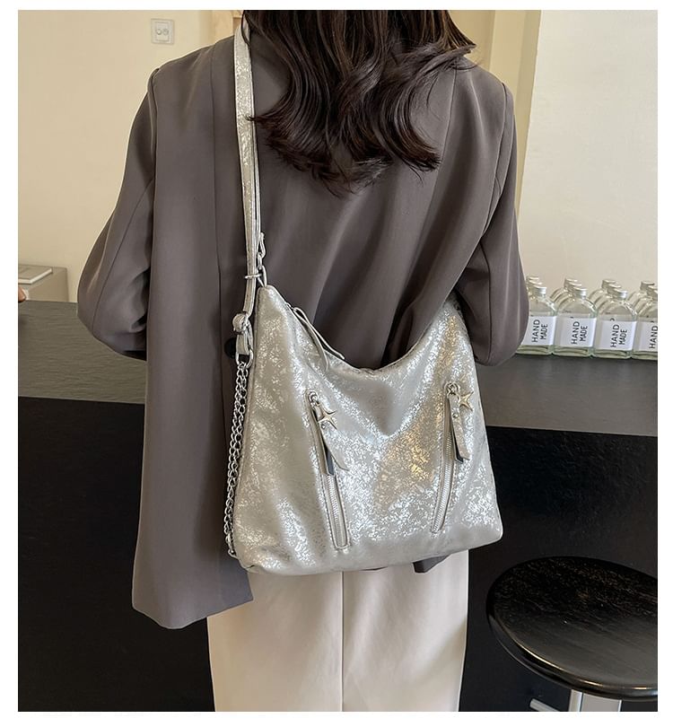 Backpack Faux Chain Leather Plain Zipped Strap