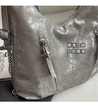 Backpack Faux Chain Leather Plain Zipped Strap