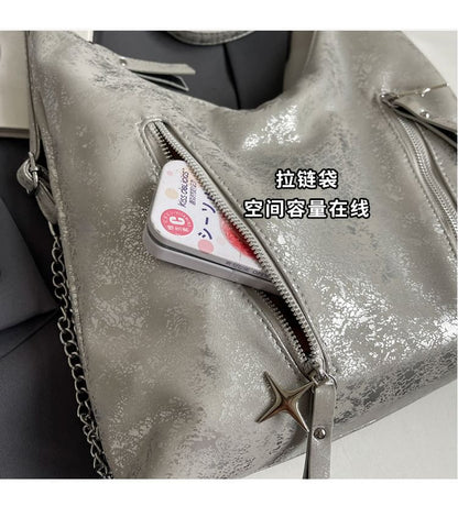 Backpack Faux Chain Leather Plain Zipped Strap