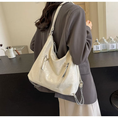 Backpack Faux Chain Leather Plain Zipped Strap