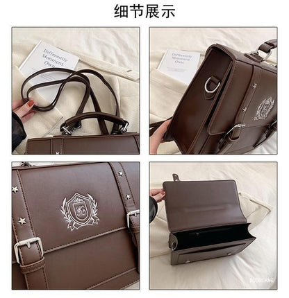 Leather Backpack Faux Satchel Embroidered Studded