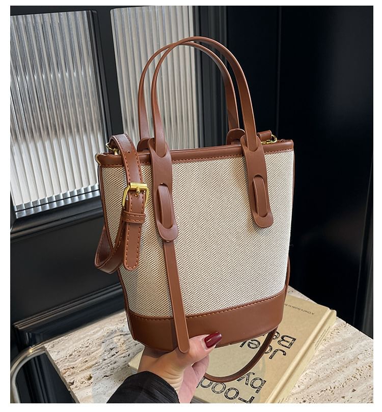 Panel Canvas Two Faux Leather Bag Bucket Tone