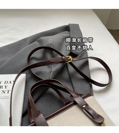 Panel Canvas Two Faux Leather Bag Bucket Tone