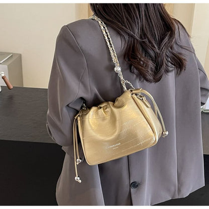 Leather Drawstring Chain Strap Faux Bag Crossbody