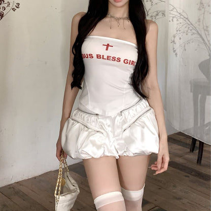 Top Plain Mid Skort Strapless / Lettering Rise