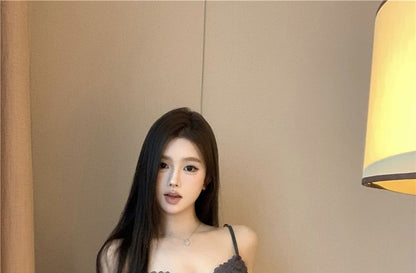 Plain Pencil Skirt Waist / Bow Camisole Lace Panel High Top Mini