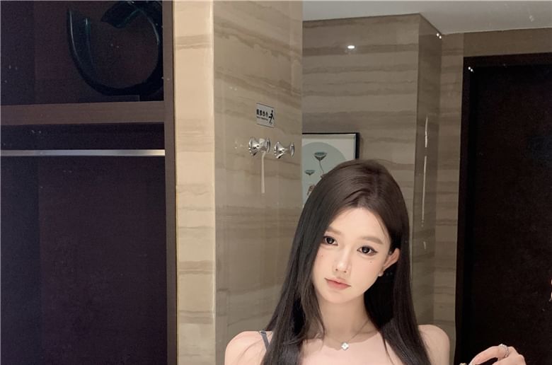 Plain Pencil Skirt Waist / Bow Camisole Lace Panel High Top Mini