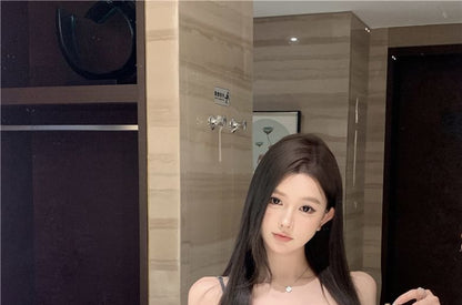 Plain Pencil Skirt Waist / Bow Camisole Lace Panel High Top Mini