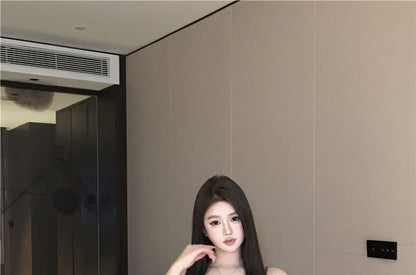 Plain Pencil Skirt Waist / Bow Camisole Lace Panel High Top Mini