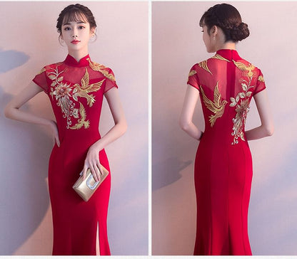 Traditional Chinese Cap-Sleeve Embroidered Mermaid Evening Gown