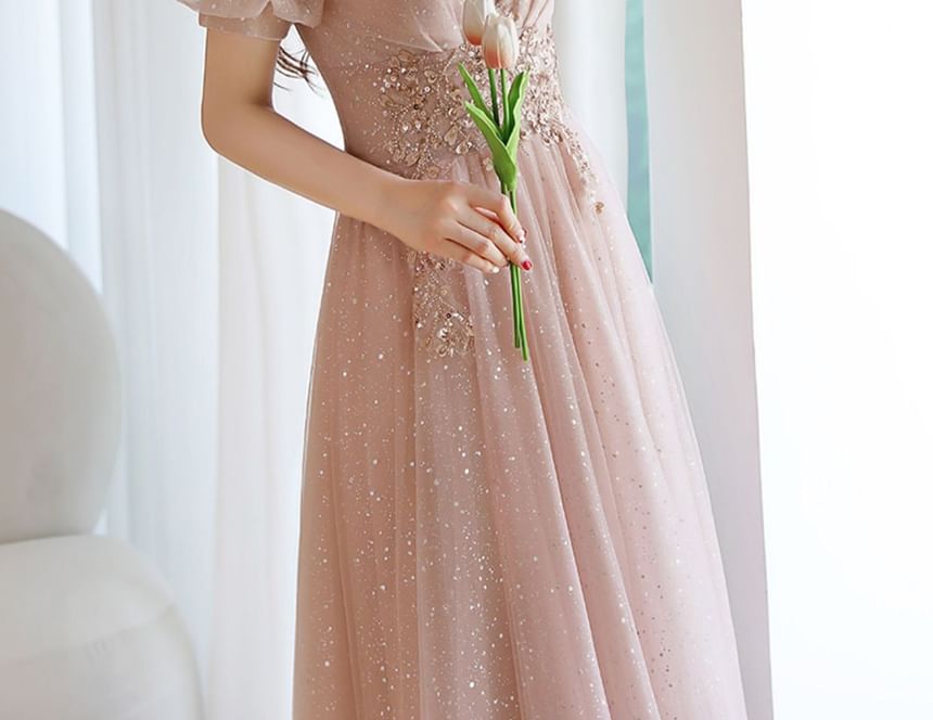 Gown Rhinestone (Various Mesh Evening A-Line Designs) Short-Sleeve