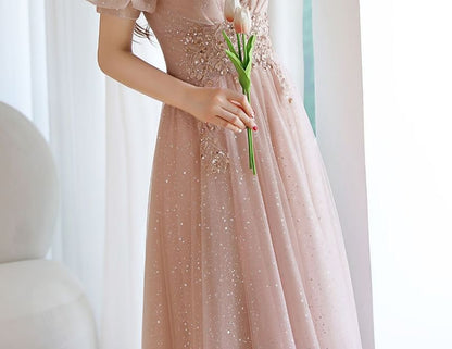 Gown Rhinestone (Various Mesh Evening A-Line Designs) Short-Sleeve