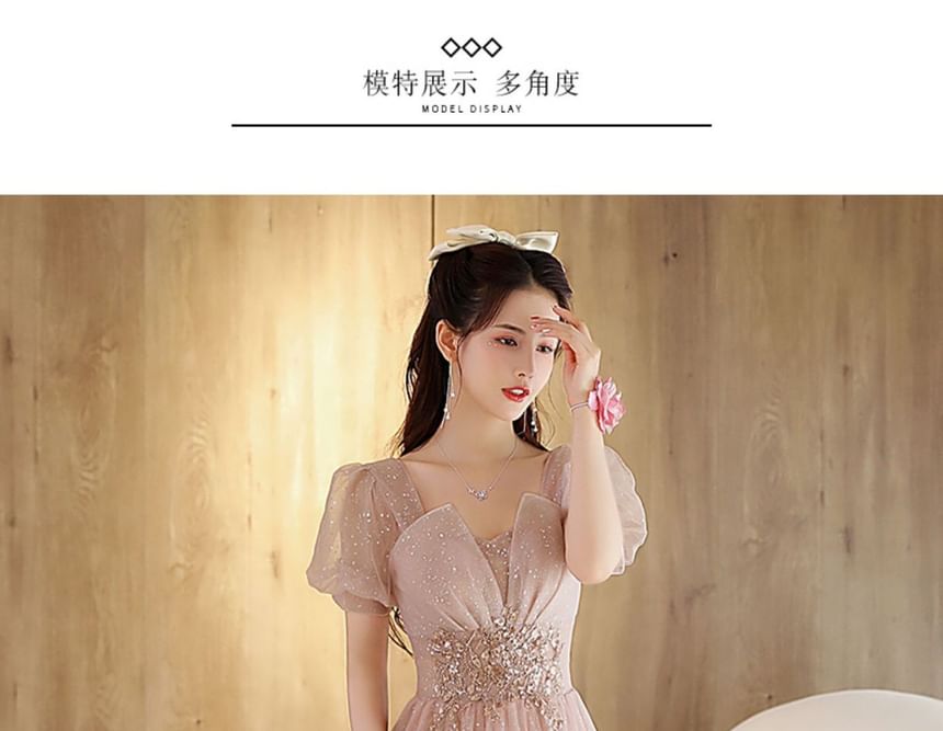 Gown Rhinestone (Various Mesh Evening A-Line Designs) Short-Sleeve